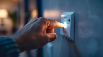 Close-up of a hand pressing a light switch on a white wall to control electricity in a modern home, demonstrating the concept of energy management and indoor technology