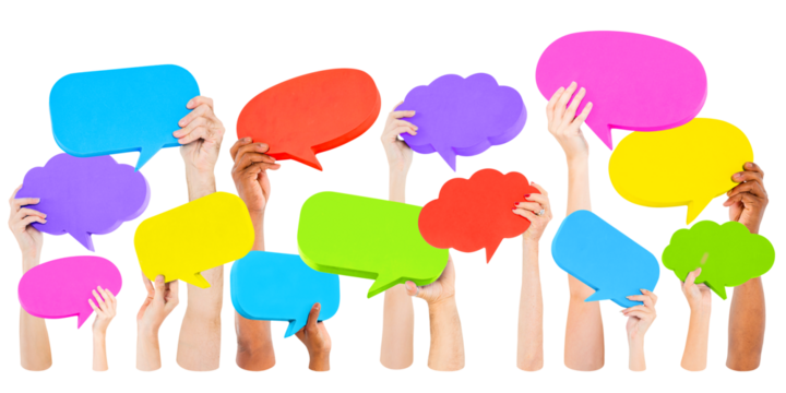 Diverse hands png holding speech bubbles sticker, transparent background - Powered by Adobe