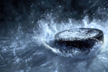 Close up of ice hockey Puck on the ice surface, Ai generated