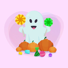 Cute ghost character with lollipops, sweets and pumpkins on abstract background. Halloween banner design. Celebration, holiday, party concept. Vector illustration for postcard or poster