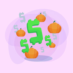 Green dollar symbols and pumpkins on abstract background. Halloween banner design. Celebration, holiday, sale concept. Vector illustration for poster or flyer
