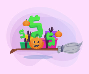Green dollar symbols, pumpkin lantern, broom and gift boxes on abstract background. Halloween banner design. Celebration, holiday, sale concept. Vector illustration for poster or flyer