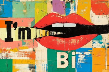 collage with layers featuring a mouth with a body eating the words and letters that spell "I'm Bi" 
