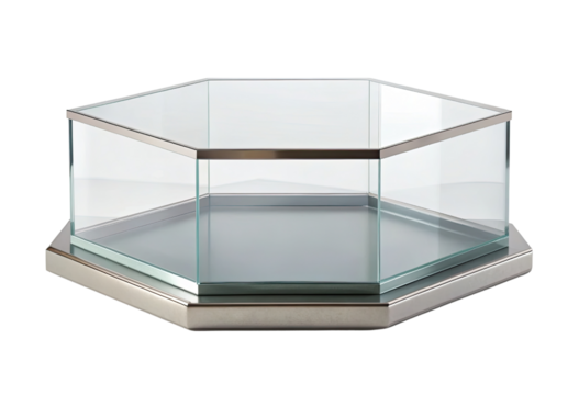 Hexagonal glass display case isolated with transparent background.