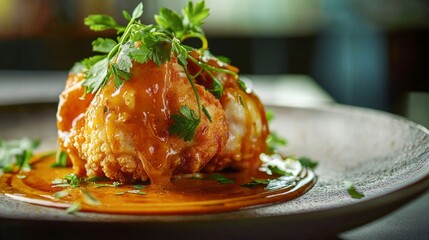 Succulent Fried Chicken Delight with Rich Sauce and Herbs on Plate - Tempting Fast Food Advertisement Image