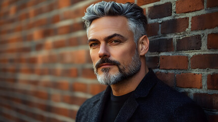 Fototapeta premium A man with a beard and gray hair is standing in front of a brick wall
