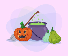 Huge cauldron with boiling potion, pumpkins, jack-o-lantern and broom on abstract background. Halloween banner design. Celebration, holiday, party concept. Vector illustration for postcard or poster
