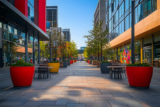 Stylish outdoor seating lines an urban street with modern buildings and vibrant public art installations under a clear blue sky