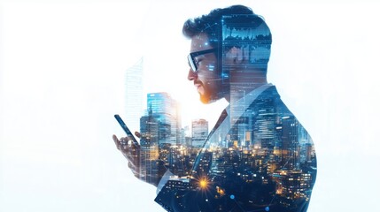 Businessman with blurred face using a tablet, cityscape double-exposure symbolizing connectivity and technology.