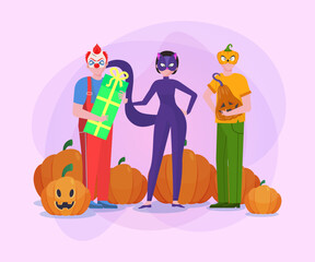 People in carnival costumes, jack-o-lanterns and pumpkins on abstract background. Halloween banner design. Celebration, holiday, party concept. Vector illustration for invitation or poster