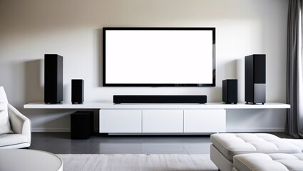 Fototapeta premium Modern Minimalist Living Room Wall-Mounted Flat-Screen TV with Speakers, Sleek White Shelf, Cushioned Armchair, and Round Coffee Table
