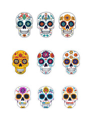 Set of traditional painted skulls in Mexican style on transparent background. PNG clipart for day of the dead, decoration, invitation cards