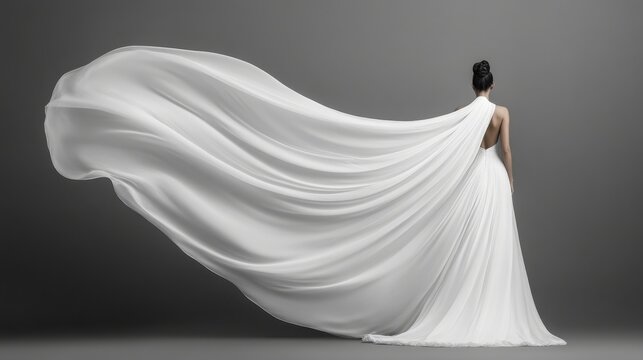 Elegant woman in flowing white dress on grey background