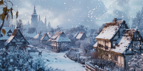A quiet village in winter, with snow-laden rooftops and softly falling snowflakes, capturing the peaceful essence of a snowy day. winter landscape 