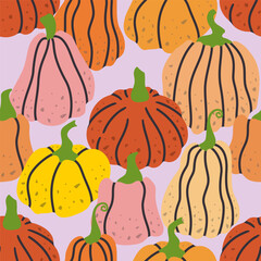 Trendy colourful autumn seamless pattern with different pumpkins. Vector illustration.