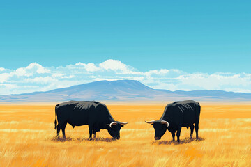 Vector illustration of majestic bulls grazing in a wide, golden savannah under a clear blue sky, with vibrant grasses and distant mountains in the background.