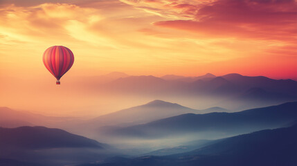 Fototapeta premium Majestic Hot Air Balloon Drifting Over Misty Mountain Ranges at Golden Sunset, Serene Adventure Travel Landscape