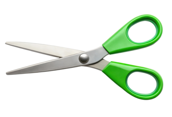 Green-handled scissors isolated with transparent background.