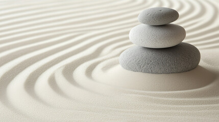 Zen Garden with Balanced Stone Cairn: Minimalist Japanese Rock Garden for Meditation and Relaxation