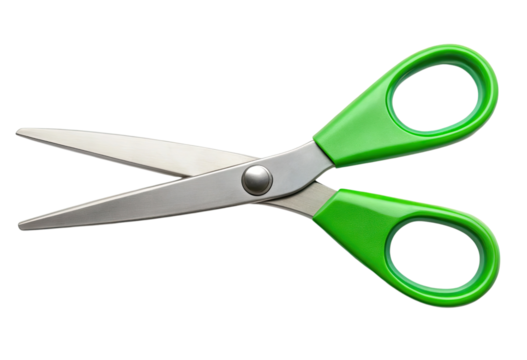 Green-handled scissors isolated with transparent background.