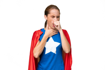 Super Hero caucasian woman over isolated background is suffering with cough and feeling bad