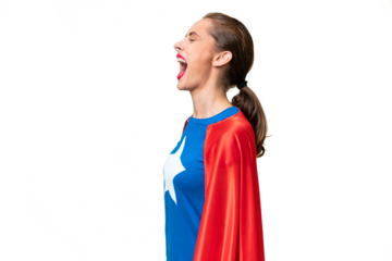 Super Hero caucasian woman over isolated background laughing in lateral position