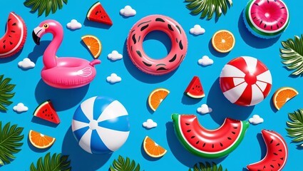 Playful Summer Illustration Inflatable Pool Floats, Tropical Leaves, Fruit Slices, and Beach Ball Against a Bright Blue Background, 3D Render