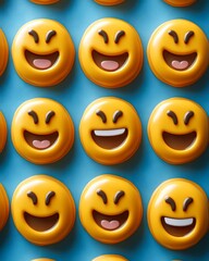 Fototapeta premium Bright yellow, smiling emoji faces are arranged on a blue background, ideal for social media, positivity, and communication themes,