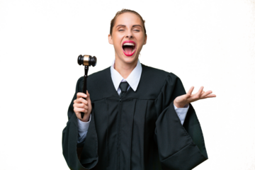 Judge caucasian woman over isolated background with shocked facial expression