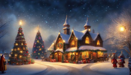 Fototapeta premium Christmas card. Cozy winter houses in Scandinavian style. Editable illustration for Christmas invitation, card and website banner. Scandinavian architecture.