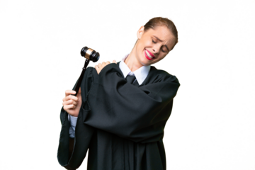 Judge caucasian woman over isolated background suffering from pain in shoulder for having made an effort