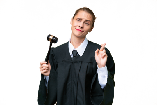 Judge caucasian woman over isolated background with fingers crossing and wishing the best