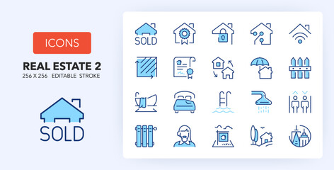 Line icons about real estate. Contains such icons as property, garden, insurance and more. 256x256 Pixel Perfect editable in two colors. Set 2 of 2