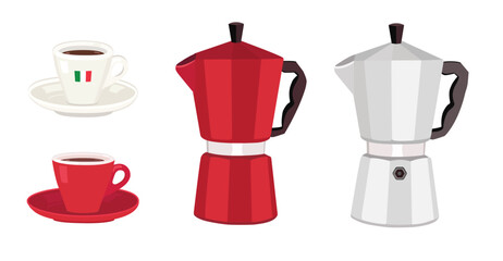 Italian espresso coffee maker, cafetiere and cup.  Isolated vector illustration, red, silver