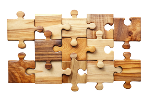 Wooden puzzle pieces isolated with transparent background.