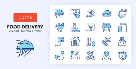 Line icons about food delivery and order online. Contains such icons as supermarket order, rider, progress and more. 256x256 Pixel Perfect editable in two colors