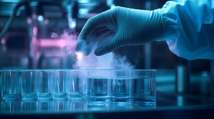 Close-up hand working with liquid nitrogen from cryogenic tank at sciences laboratory. High tech med