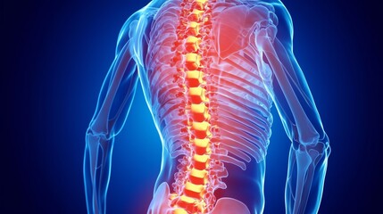 Glowing Red Spinal Cord Highlight in Skeleton Model
