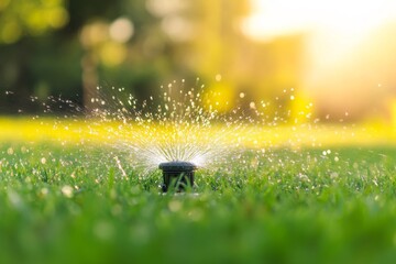 Automatic Sprinkler System Watering Lawn in Motion Blur