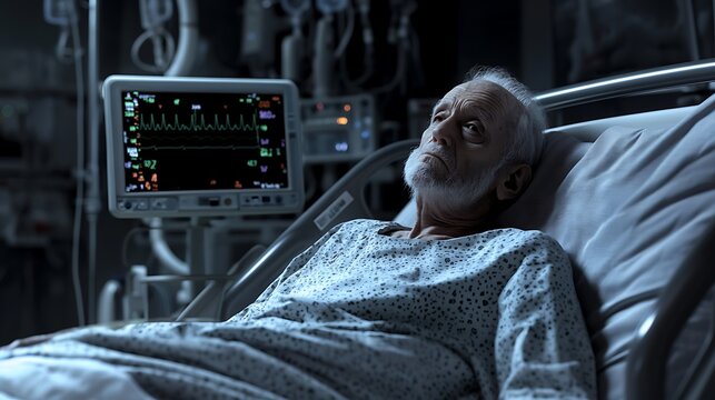 An old man in a hospital gown, lying weakly on a hospital bed, with a medical monitor showing his vitals.