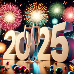 Vibrant New Year 2025 celebration image with multicolored fireworks, and elegant champagne glasses.