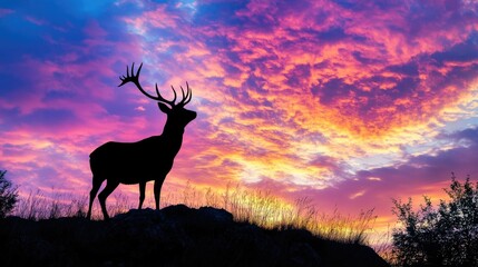 Silhouette of a deer with antlers standing on a hilltop with a vibrant sunset behind, leaving room for copy.