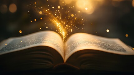 Open Book with Magical Golden Sparks and Glowing Light in a Mystical Atmosphere