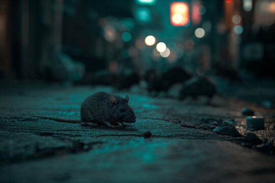 Rats and other rodents and poison on the floor of a canal in darkness