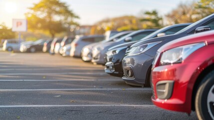 Fototapeta premium Parked Cars in Open Parking Area at Sunset