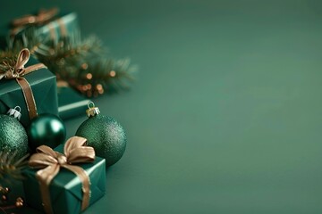 Green christmas gift boxes with ribbons and baubles on green background, Ai Generated