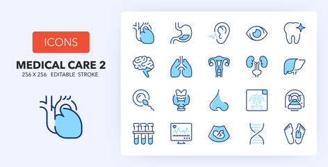 Line icons about medical care. Contains such icons as cardiology, laboratory, dentist and more. 256x256 Pixel Perfect editable in two colors. Set 2of 3