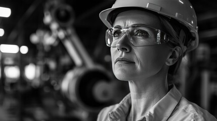 Senior female engineer in robotic factory, hardhat focus, black and white