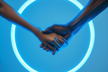Black and white hands holding each other against a glowing blue circle, concept of unity and support for World Diabetes Day