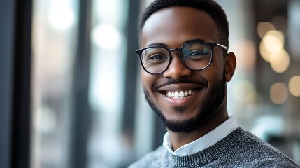 Fototapeta premium Smiling man with glasses in an indoor office setting